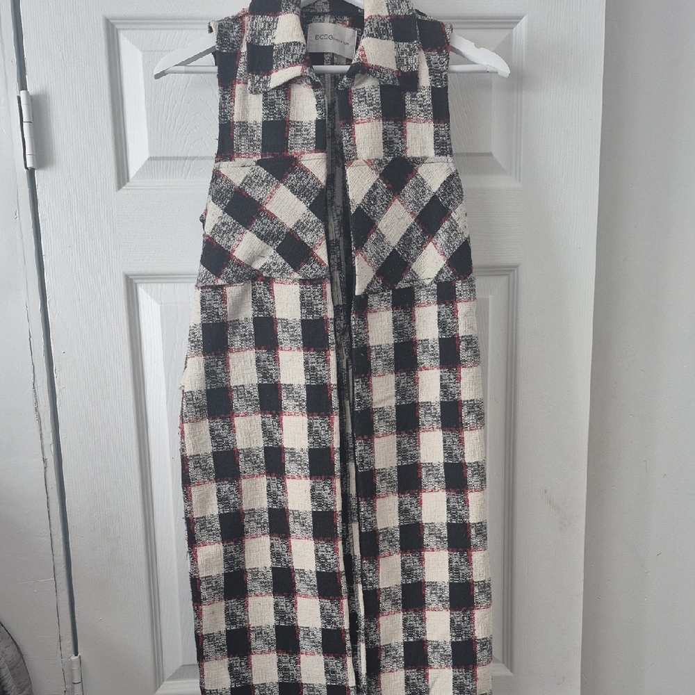 BCBG Generation Plaid Tweed Long Vest | Sleeveless Layering Piece | Size Sm